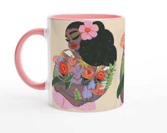 Black Girl Garden Mug, Botanical Nature Illustration, Melanin Afro Natural Hair Art, Floral Ceramic Housewarming Gift, Gift for Coffee Lover