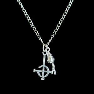 Silver Ghost band necklace with grucifix ghost cross charm and rat charm