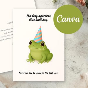 Modelo de Cartão de Feliz Aniversário para Canva – Cartão de Aniversário Engraçado "O Sapo Aprova" | Coisas Estranhas e Presente para Amantes de Sapos para Melhor Amigo