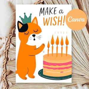 Make a Wish – Orange Calico Cat Birthday Card | Canva Template for Cat Lovers, Cat Dads, Best Friends | Digital Download