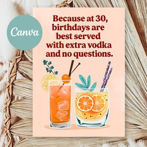 Tarjeta de 30 cumpleaños: Divertida tarjeta con temática de vodka para tu mejor amiga o esposa / Reverso editable / Descarga digital