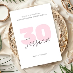 Modelo de Cartão de Aniversário de 30 Anos no Canva – Design Editável Rosa "Cheers to 30" | Cartão de Aniversário Personalizado para Esposa ou Melhor Amiga