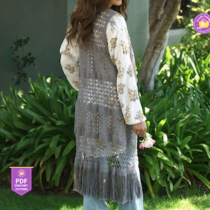 Boho Crochet Vest Pattern PDF, ISLA Sleeveless Duster Pattern, Long Summer Beach Cover Up, Lightweight Crochet Lace Vest for Women