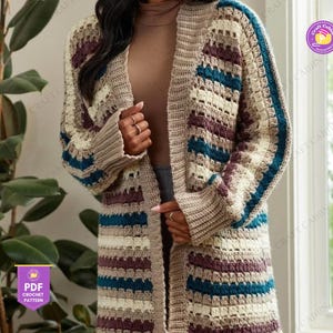 Striped Cardigan Knitting Pattern for Women, Oversized Sweater Cardigan Pattern, Knit Front Tie Turtleneck Cardigan Pattern