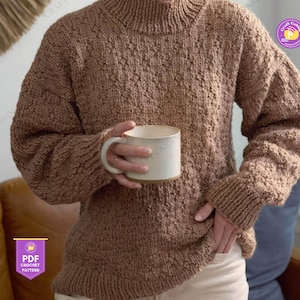 Modello di maglia a collo alto per donna, modello di maglia pullover dall&#39;alto verso il basso, modello di maglia a coste oversize per principianti