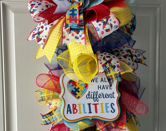 Autism Awareness Petite Door Swag – We All Have Different Abilities – Vertical Puzzle Ribbon Decor – Special Education Classroom Decor