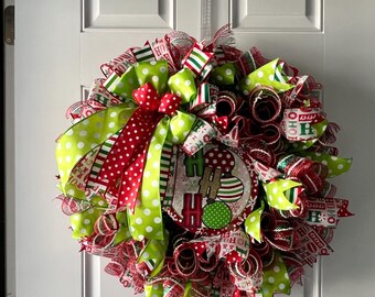 Deco Mesh Christmas Wreath, Red, Green, White, "Ho Ho Ho"