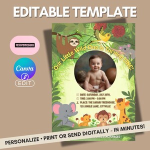 Modèle d'invitation d'anniversaire Wild One | Invitation d'anniversaire de safari dans la jungle | Modèle de toile modifiable bébé animal | Téléchargement instantané