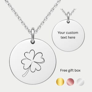4 Leaf Clover Necklace with Custom Engraving Lucky Charm Pendant with Personalised Message on Back, Good Luck Jewellery Gift for Her