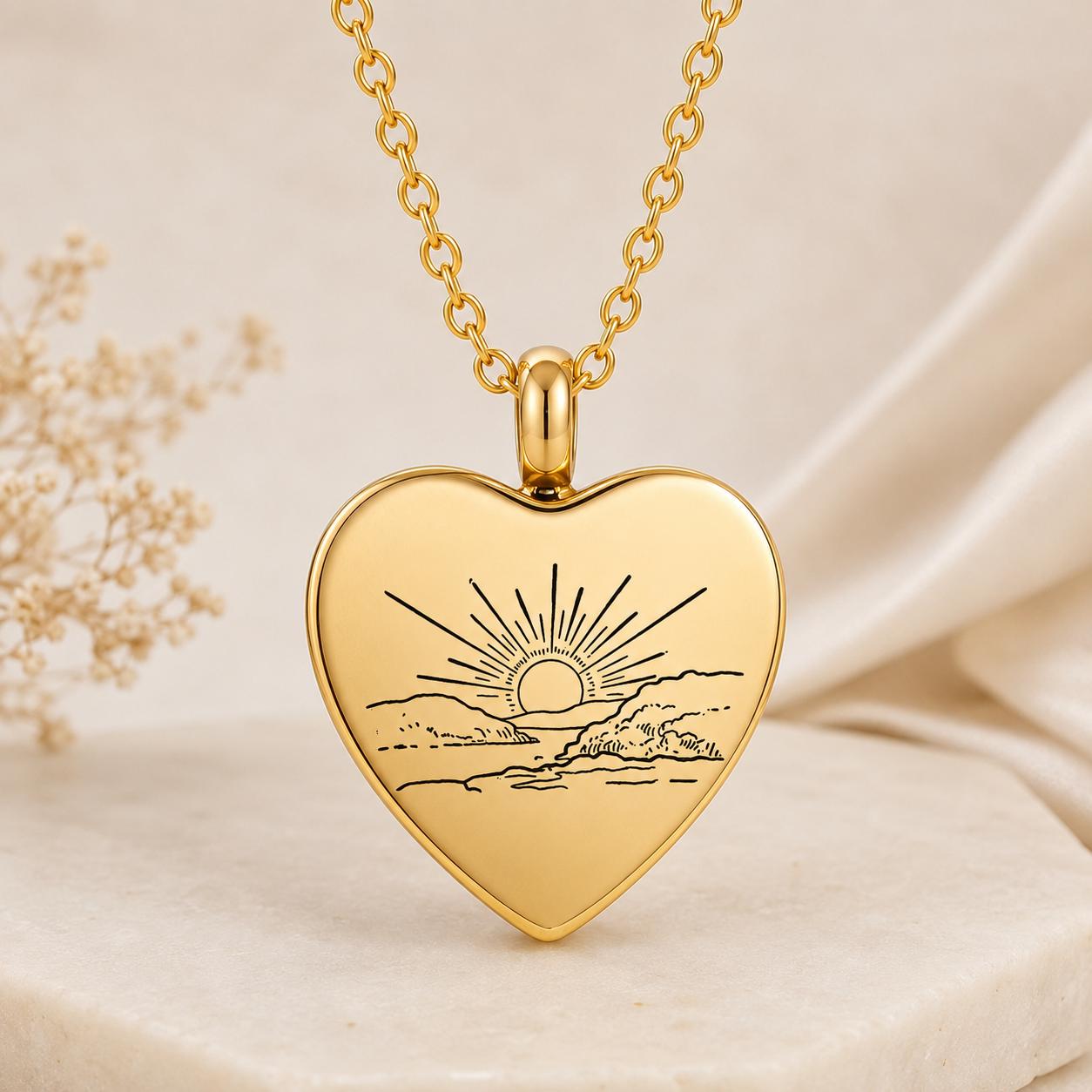 Gold Heart Urn Necklace, Sunrise Sunset Memorial Keepsake, Cremation Pendant Jewelry