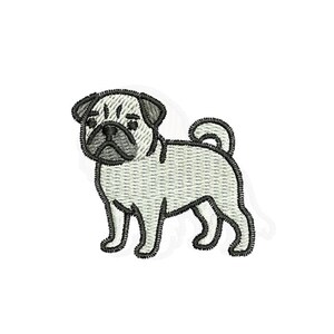 以下が含まれることがあります： 黒いアクセントが付いた、明るい灰色のパグ犬の刺繍パッチ。 パグは立っていて、尻尾が丸まっています。 パッチには白い縁があり、布に縫い付けたりアイロンをかけたりするのに適しています。