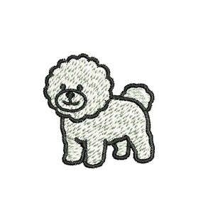 以下が含まれることがあります： 黒い縁取りのあるふわふわした白い犬の刺繍パッチ。犬は丸い頭、小さな尻尾、4本の足を持っています。パッチは布に縫い付けるように設計されています。