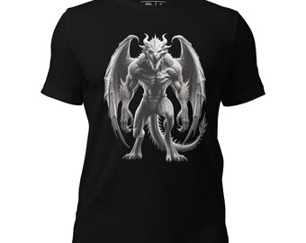May include: Black t-shirt featuring a detailed grayscale illustration of a dragon with large wings, sharp claws, and a long tail. The dragon is the central focus, rendered with intricate shading and muscular definition. The shirt has a crew neck and short sleeves.