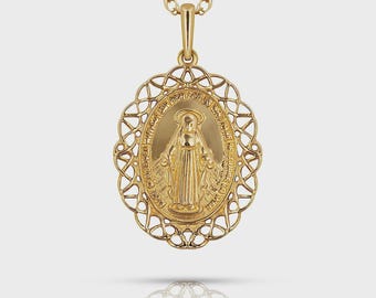 14K Yellow & White Gold Miraculous Medal Virgin Mary Pendant For Women