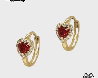 14k Yellow Gold Heart Huggie Hoop CZ Earrings
