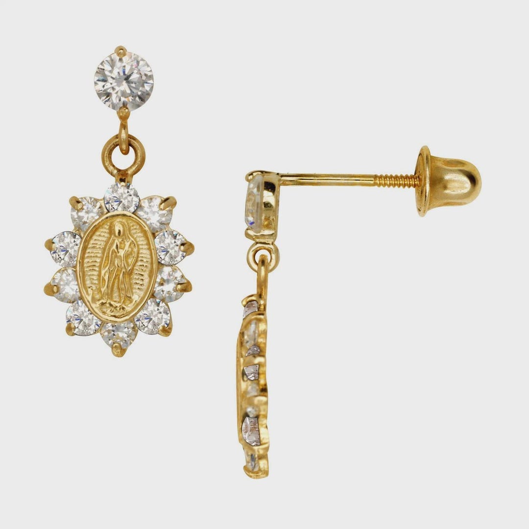 14k Yellow Gold CZ Virgen Guadalupe Religious Baby Screw Back Earrings ...