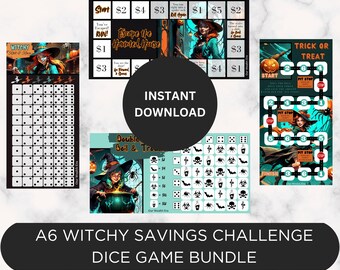 Printable Witchy Savings Challenge Game Bundle, 4 Dice Games, Cash Envelope Savings Challenge, Size A6 (3x6)