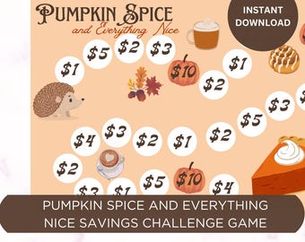 Printable “Pumpkin Spice and Everything Nice” Savings Challenge Game, Cash Envelope Stuffing Tracker, Dice Game
