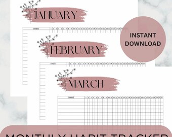 Printable Monthly Habit Tracker, Minimal Mauve Pink Floral Design, Planner Pages, Habit Tracker, Landscape Letter Size