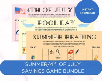 Printable Summer/4th of July Savings Challenge Game Bundle, Cash Stuffing Savings Tracker, Pool Day, Summer Reading, Size A6