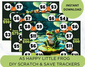 Printable “Happy Little Frog” DIY Scratch-Off Bundle, 3 Savings Challenge Trackers, Cash Envelope System, A5 Size (6.5x4.5)