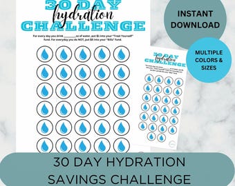 Printable 30 Day Hydration Savings Challenge, Habit Tracker, Cash Envelope Savings Challenge, Wellness Tracker, Multiple Colors & Sizes