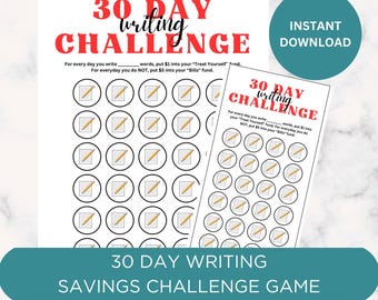 Printable 30 Day Writing Savings Challenge, Habit Tracker, Cash Envelope Savings Challenge, Fitness Tracker, Multiple Colors & Sizes