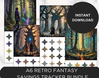 Printable Retro Fantasy Savings Tracker Bundle, Cash Envelope Savings Challenge, Size A6 (3x6)