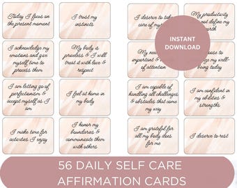 May include: A set of 56 daily self-care affirmation cards. Each card features a unique positive statement in a handwritten style font on a light beige background with a watercolor wash. The words "Instant Download" are in a circle.