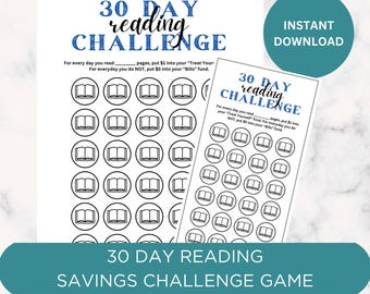 Printable 30 Day Reading Savings Challenge, Habit Tracker, Cash Envelope Savings Challenge, Fitness Tracker, Multiple Colors & Sizes
