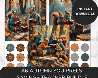 Printable Autumn Squirrels Savings Tracker Bundle, Cash Envelope Savings Challenge, Size A6 (3x6)