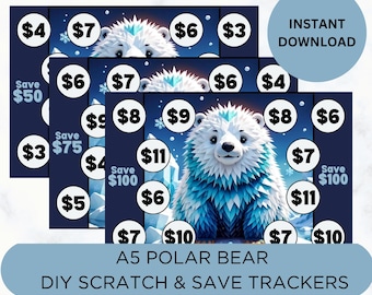 Printable “Polar Bear” DIY Scratch-Off Bundle, 3 Savings Challenge Trackers, Cash Envelope System, A5 Size (6.5x4.5)