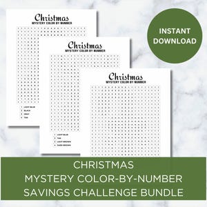 May include: A bundle of three Christmas-themed "Mystery Color by Number" pages. Each page features a grid of numbers, with a color key at the bottom. The pages are labeled "Christmas Mystery Color by Number". A green circle with "Instant Download" is in the top right.