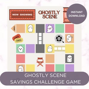 Juego de ahorro imprimible &quot;Escena fantasmal&quot;, tarjetas y tablero, relleno de sobres con efectivo, temática de Halloween