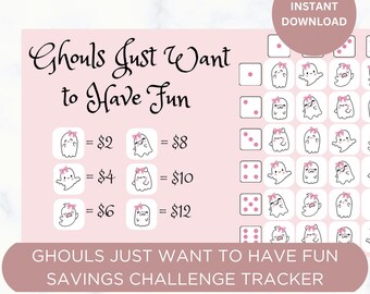 Printable “Ghouls Just Want to Have Fun” Dice Savings Challenge Game, Cash Envelope Savings Challenge Tracker, A6 Size 6x3