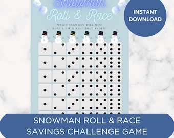 Printable “Snowman Roll & Race” Dice Savings Challenge Game, Cash Envelope Savings Challenge Tracker, A6 Size (6x3)