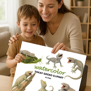 Originele Tokay Gecko-clipartbundel (30 hoge kwaliteit PNG's) | Realistische tekeningen van gekko's voor eigenaren en projecten van reptielen | Digitale download