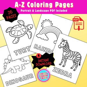 à colorier de l&#39;alphabet de A à Z | Livre de coloriage imprimable pour enfants | Feuilles de travail d&#39;apprentissage pour la maternelle préscolaire | Pages d&#39;activités à télécharger au format PDF