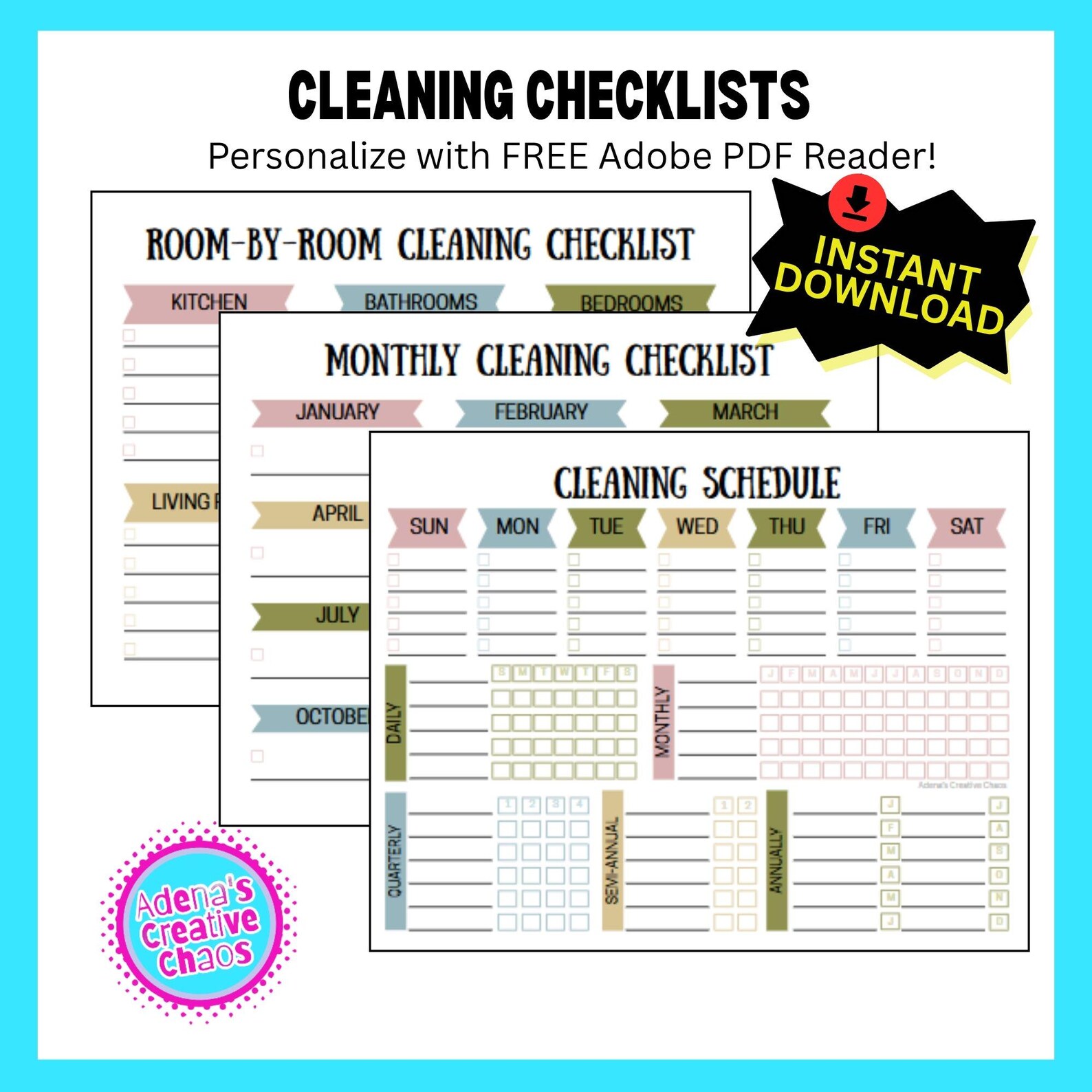 Printable Cleaning Checklist Bundle: Daily, Weekly, Monthly Chores ...