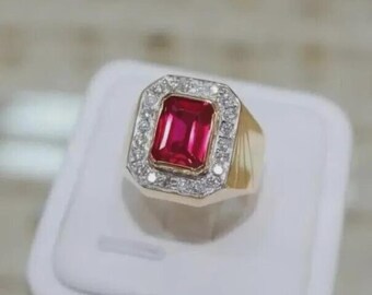 Lab Grown Ruby Ring: Emerald Cut Sterling Silver, Moissanite Accents