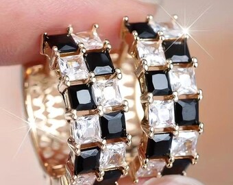 French Classic Square - Black Moissanite Diamond Hoop Earrings: 925 Sterling Silver Jewelry Gifts