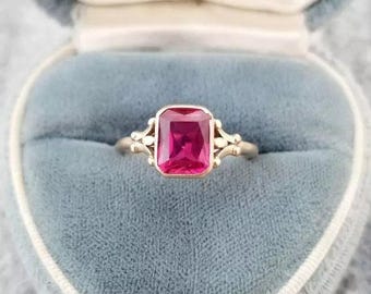 Emerald Cut Lab Grown Ruby Ring: Sterling Silver Moissanite Wedding Jewelry
