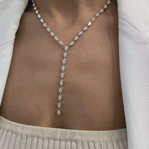 17Ct Pear Cut White Moissanite Diamond Women&#39;s Tennis Necklace Made In 925 Sterling Silver, Gorgeous Moissanite Diamond Necklace For Her.