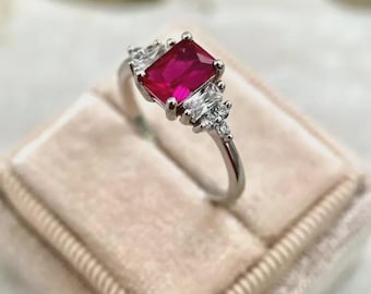 Emerald Cut Lab Ruby Ring: Moissanite Diamond, 925 Sterling Silver