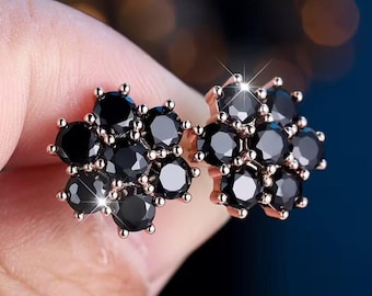 Round Cut Black Moissanite Diamond Floral Stud Earrings: 925 Sterling Silver Jewelry Gifts