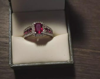 Sterling Silver Lab Ruby Ring: Emerald Cut with Moissanite