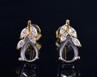 This Leaf Design Two Tone 925 Silver Earrings Mounting can fit 8x6mm pear cut center stone, accented with small Moissanite diamonds.