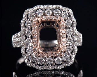 Art Deco Sterling Silver Ring Semi Mount: 9x7mm Emerald Cut, Moissanite Accents