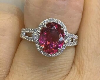 Oval Lab Grown Ruby Ring, Moissanite Diamond, 925 Sterling Silver