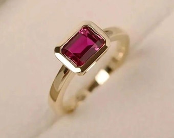 Emerald Cut Lab Grown Ruby Ring: 925 Sterling Silver Anniversary Jewelry